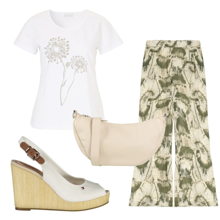Outfit donna - Total look #1922133. Stile Trendy per Tutti i giorni. Abbinamento con t-shirt, borse a tracolla, pantaloni a palazzo, sandali.