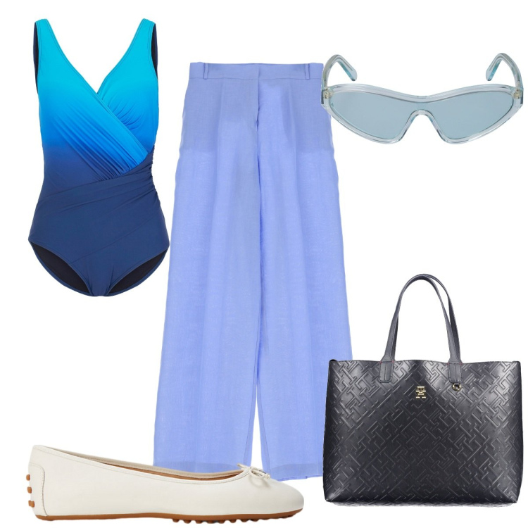 Outfit donna - Total look #1922141. Stile Trendy per Mare. Abbinamento con costumi interi, pantaloni a palazzo, ballerine, occhiali da sole, borse a spalla.
