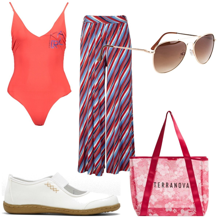 Outfit donna - Total look #1922144. Stile Trendy per Mare. Abbinamento con ballerine, occhiali da sole, pantaloni a palazzo, shopping bag, costumi interi.