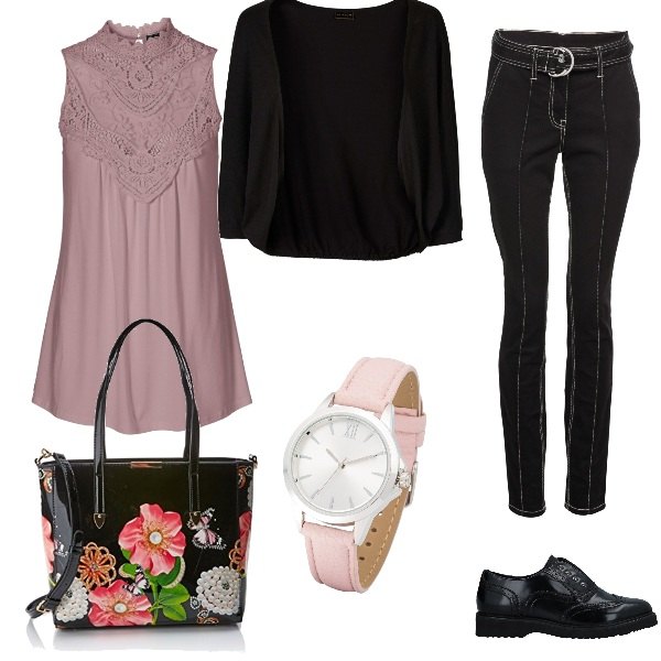 Outfit donna - Compleanno sobrio in ufficio. Stile Urban per Ufficio. Abbinamento con top, giacchina in maglina, pantalone con cintura nero, orologio rosa, mocassini con borchie e tacco squadrato interno sfoderato con punta tonda in pelle sintetica tinta unita, borsa tote in pelle nero.