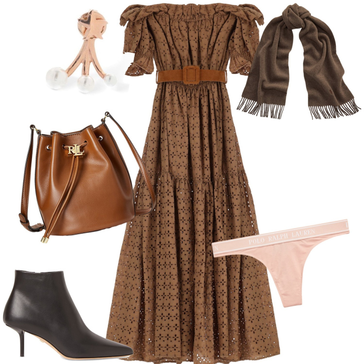 Outfit donna - Total look. Stile Boho per Tutti i giorni. Abbinamento con vestiti lunghi, sciarpe, borse a secchiello, perizomi, orecchini, stivaletti.