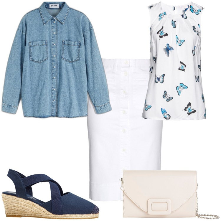 Outfit donna - Total look #1922171. Stile Casual chic per Tutti i giorni. Abbinamento con camicie, top, pochette, sandali col tacco, gonne.