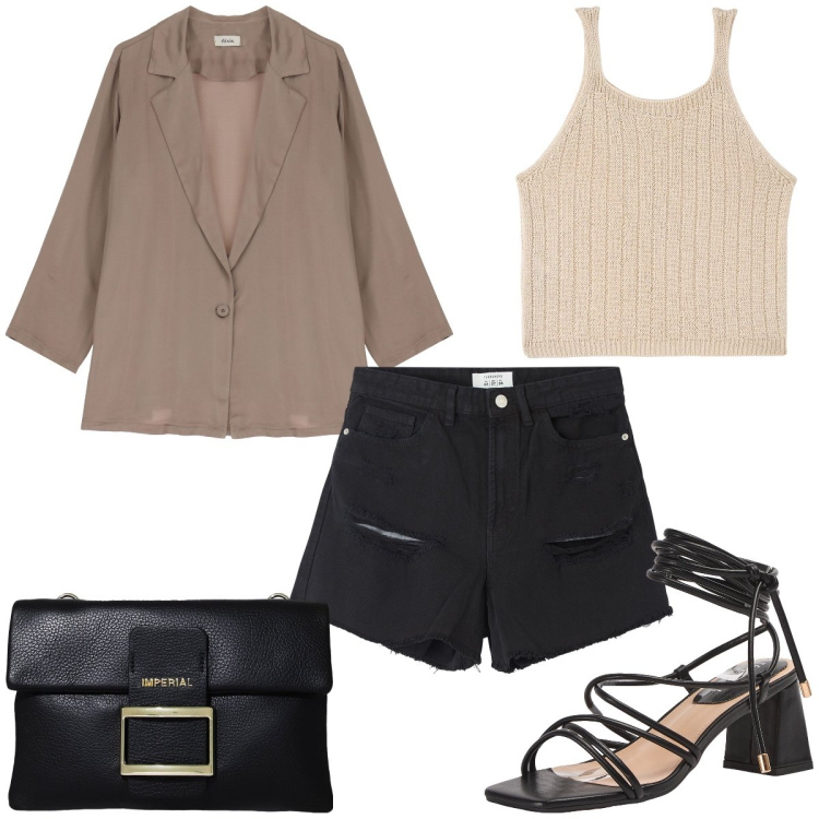 Outfit donna - Total look #1922181. Stile Sexy per Serata fuori. Abbinamento con shorts, sandali alla schiava, top, pochette, blazer.