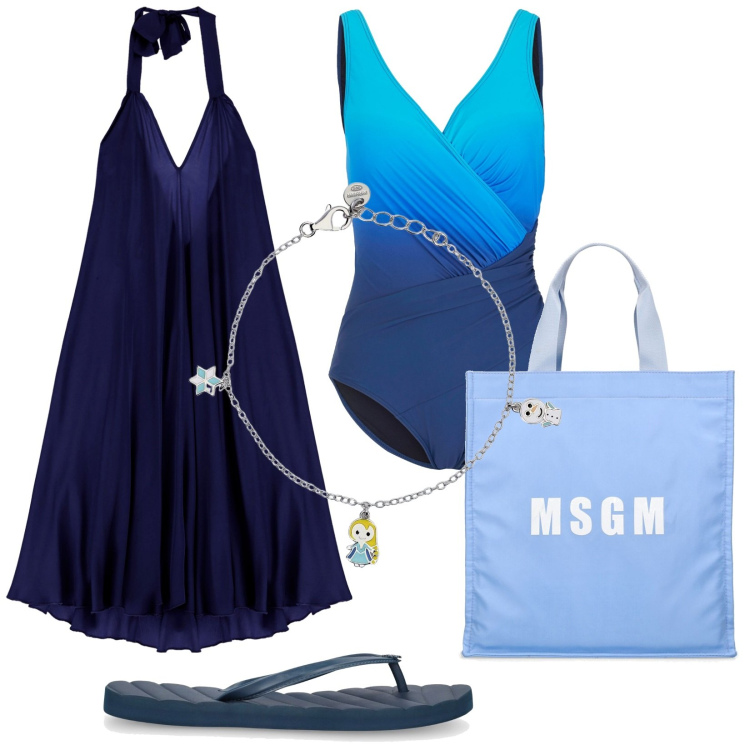 Outfit donna - Total look #1922190. Stile Casual per Mare. Abbinamento con costumi interi, braccialetti con ciondoli, vestiti lunghi, shopping bag, zeppe.