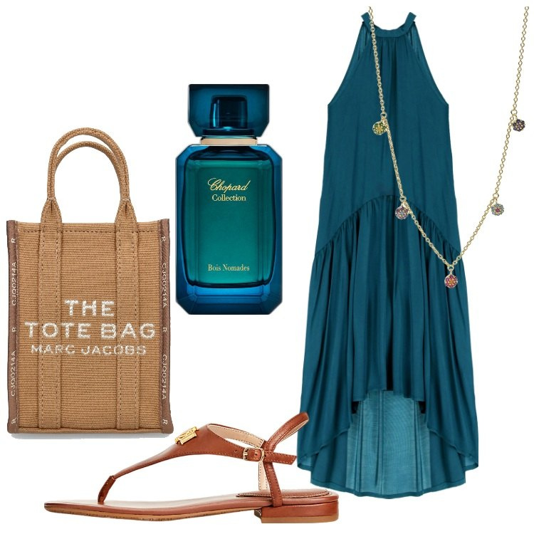 Outfit donna - Vestito ottanio minimal. Stile Minimal per Tutti i giorni. Abbinamento con profumi, ciondoli, vestiti lunghi, sandali in pelle, borse tote.