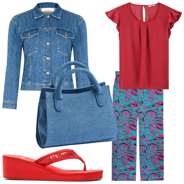 Outfit donna - Pantaloni fantasia. Stile Bon Ton per Tutti i giorni. look ideale per Petite. Abbinamento con infradito, bluse, borse a tracolla, blazer, pantaloni.