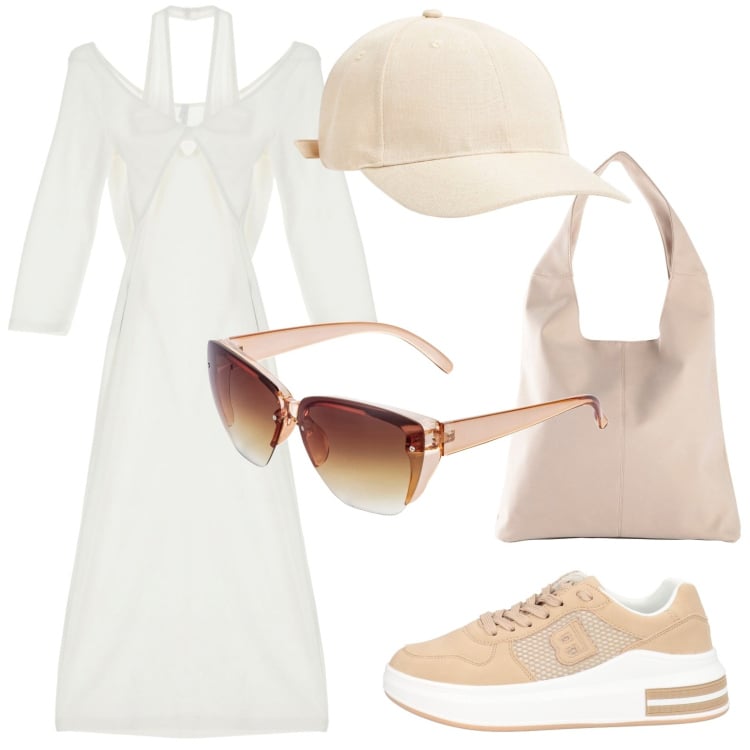 Outfit donna - Outfit estivo. Stile Bon Ton per Tutti i giorni. look ideale per Petite. Abbinamento con occhiali da sole, shopping bag, sneakers, cappelli, vestiti midi/longuette.