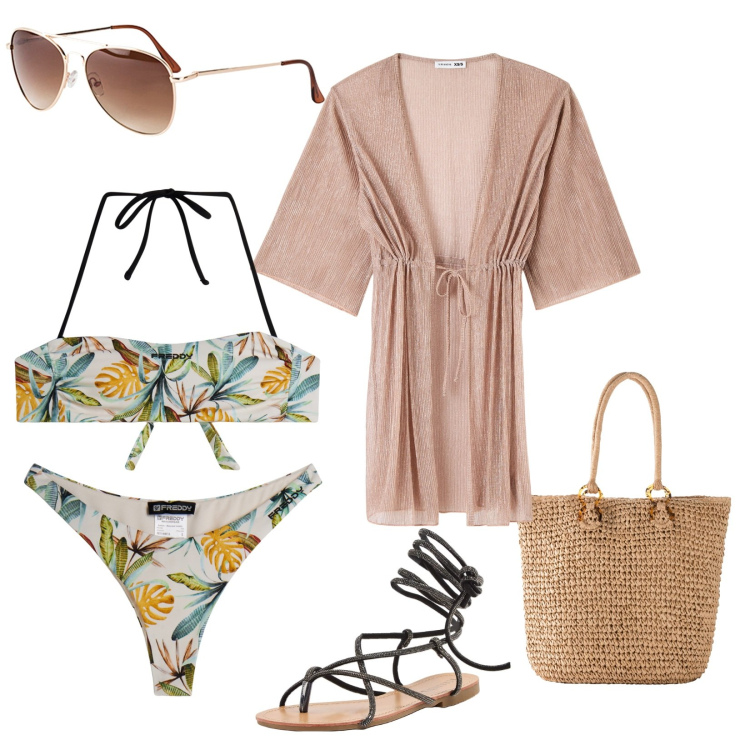 Outfit donna - Un pomeriggio al mare. Stile Casual chic per Mare. Abbinamento con occhiali da sole, shopping bag, caftani, sandali alla schiava, bikini, bikini.