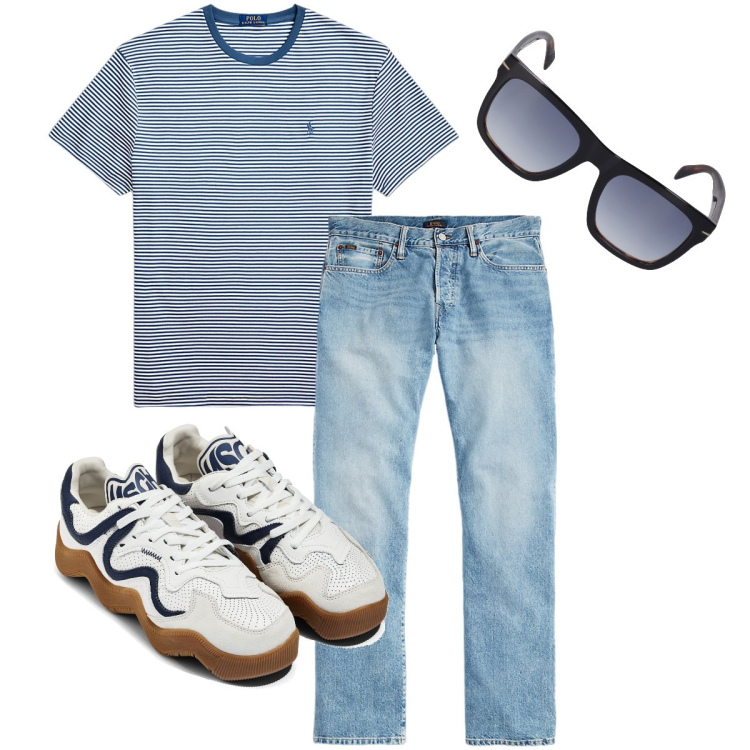 Outfit uomo - La t-shirt a righe. Stile Urban per Ufficio. Abbinamento con t-shirt, jeans, occhiali da sole, sneakers.