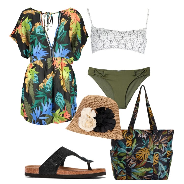 Outfit donna - Spiaggia a oltranza. Stile Etnico per Mare. Abbinamento con infradito, bikini, shopping bag, vestiti corti, costumi, cappelli.