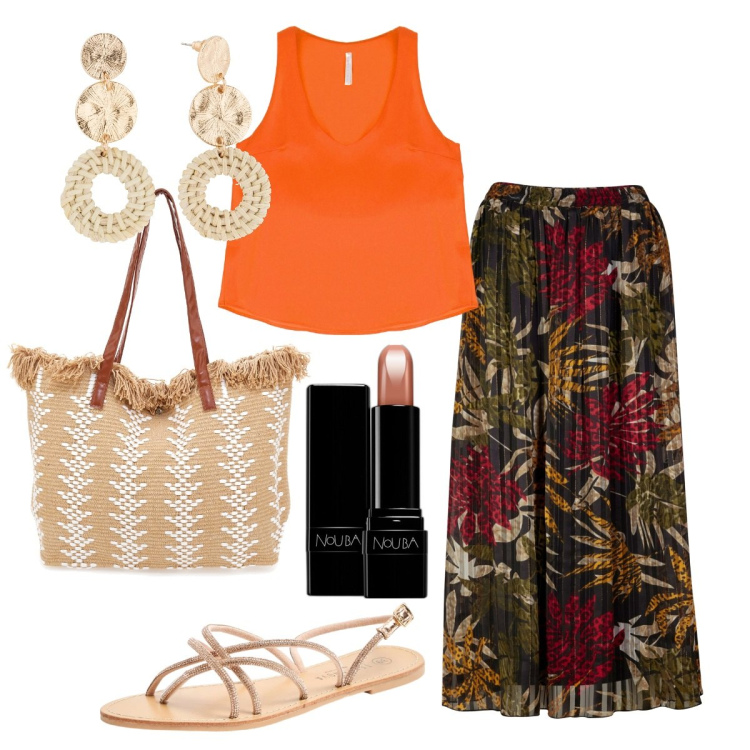 Outfit donna - Un tocco di esotico. Stile Etnico per Tutti i giorni. Abbinamento con gonne lunghe, orecchini, rossetti, sandali, top, borse a spalla.