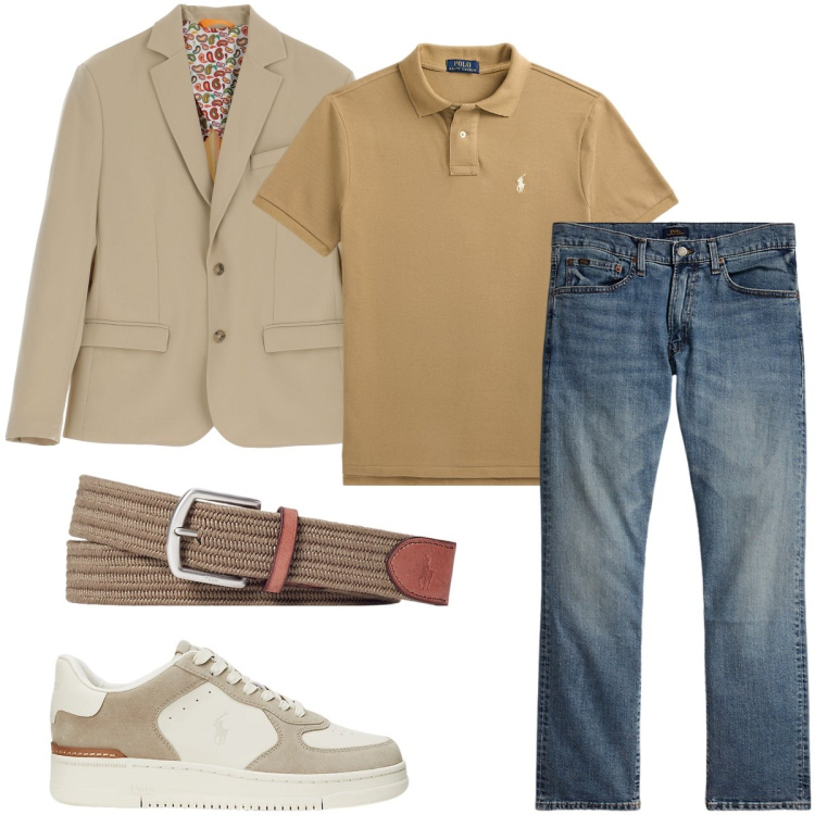 Outfit uomo - Impegni di lavoro. Stile Business/Elegante per Ufficio. Abbinamento con giacche, cinture, polo, sneakers, jeans dritti.