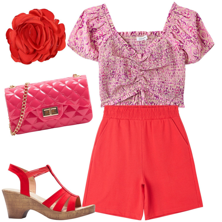 Outfit donna - Rosso total look. Stile Trendy per Tutti i giorni. Abbinamento con sandali, borse a tracolla, bermuda, bluse, braccialetti.