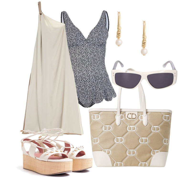 Outfit donna - Aperitivo bordo piscina. Stile Etnico per Mare. Abbinamento con costumi interi, sandali col tacco, vestiti lunghi, orecchini, borse tote, occhiali da sole.