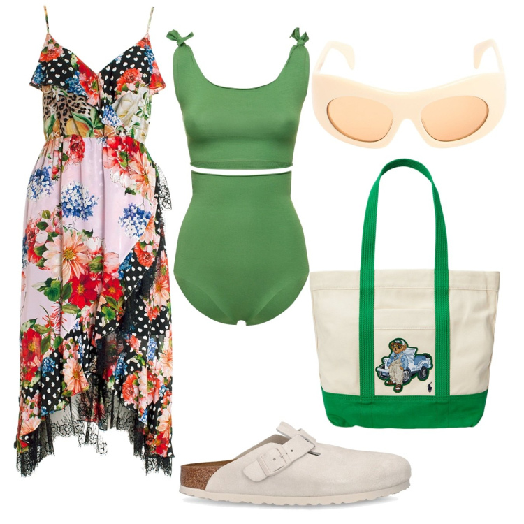 Outfit donna - Vita da spiaggia. Stile Trendy per Mare. Abbinamento con vestiti asimmetrici, borse tote, bikini, sandali, occhiali da sole.