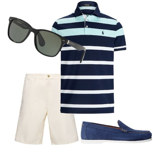 Outfit uomo - bon ton per lui al mare. Stile Casual per Mare. Abbinamento con scarpe stringate, occhiali da sole, polo, shorts.