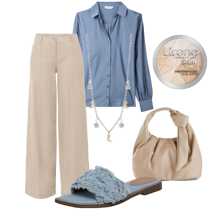 Outfit donna - In ufficio fresca e charmant. Stile Glamour per Ufficio. Abbinamento con pantaloni a palazzo, borse a mano, ciprie, camicie, ciabatte, collane.