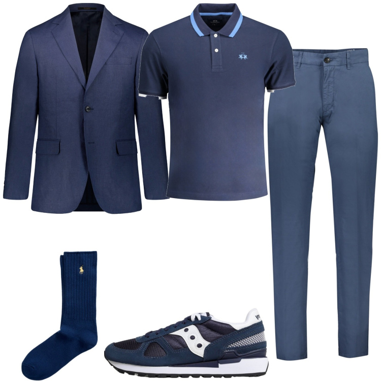 Outfit uomo - Giacca e polo in Total Blue. Stile Business/Elegante per Ufficio. Abbinamento con calzini, pantaloni, sneakers, polo, abiti.