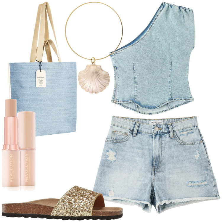 Outfit donna - Total look #1922285. Stile Casual per Mare. Abbinamento con ciabatte, fondotinta, shorts, top, borse tote, braccialetti.