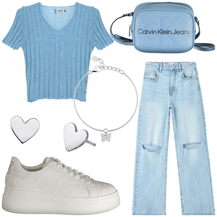 Outfit donna - Azzurro. Stile Casual per Tutti i giorni. Abbinamento con jeans strappati, braccialetti con ciondoli, orecchini, pullovers, borse a tracolla, sneakers.