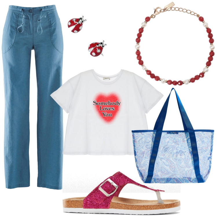 Outfit donna - Shopping day. Stile Casual per Tutti i giorni. Abbinamento con pantaloni a palazzo, infradito, shopping bag, braccialetti, orecchini, t-shirt.