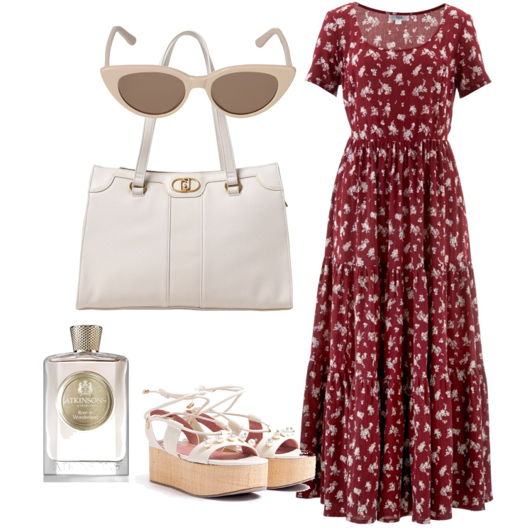 Outfit donna - Aperitivo al mare. Stile Romantica per Mare. Abbinamento con vestiti lunghi, profumi, sandali col tacco, borse tote, occhiali da sole.
