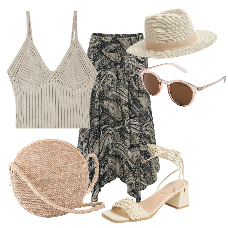 Outfit donna - Bohemien style. Stile Boho per Tutti i giorni. Abbinamento con gonne longuette, occhiali da sole, borse a tracolla, top, sandali alla schiava, cappelli.