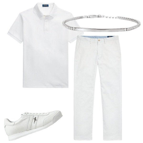 Outfit uomo - total white per la sera. Stile Casual per Serata speciale. Abbinamento con braccialetti, pantaloni, polo, sneakers.