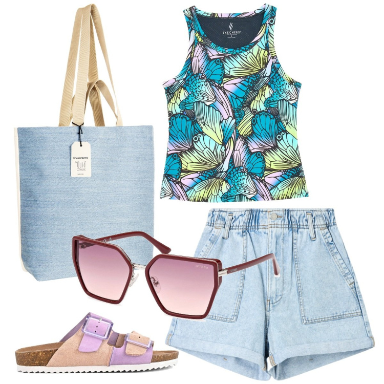 Outfit donna - In viaggio. Stile Casual per Tutti i giorni. Abbinamento con shorts, borse tote, sandali, canottiere, occhiali da sole.