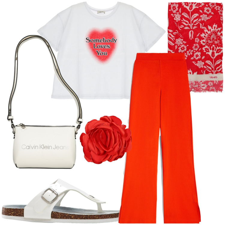 Outfit donna - Total look #1922321. Stile Casual per Tutti i giorni. Abbinamento con infradito, pantaloni, t-shirt, braccialetti, borse a tracolla, sciarpe.