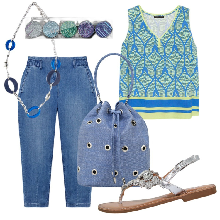 Outfit donna - Colore ogni giorno. Stile Casual per Tutti i giorni. Abbinamento con ombretti, sandali, borse a secchiello, top, jeans, ciondoli.