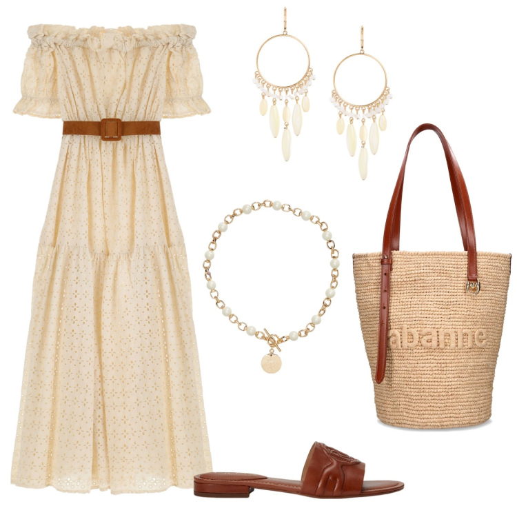 Outfit donna - Bohèmien in Sangallo. Stile Boho per Tutti i giorni. Abbinamento con vestiti lunghi, collane, sandali in pelle, orecchini, shopping bag.