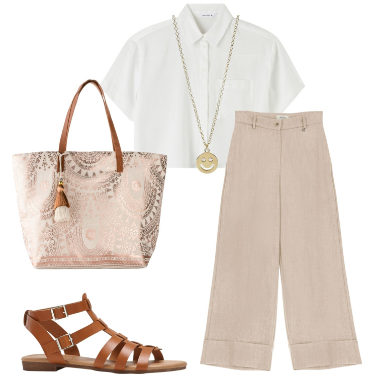 Outfit donna - Pronta per la spesa. Stile Basic per Tutti i giorni. Abbinamento con shopping bag, sandali, camicie a manica corta, collane, pantaloni a palazzo.