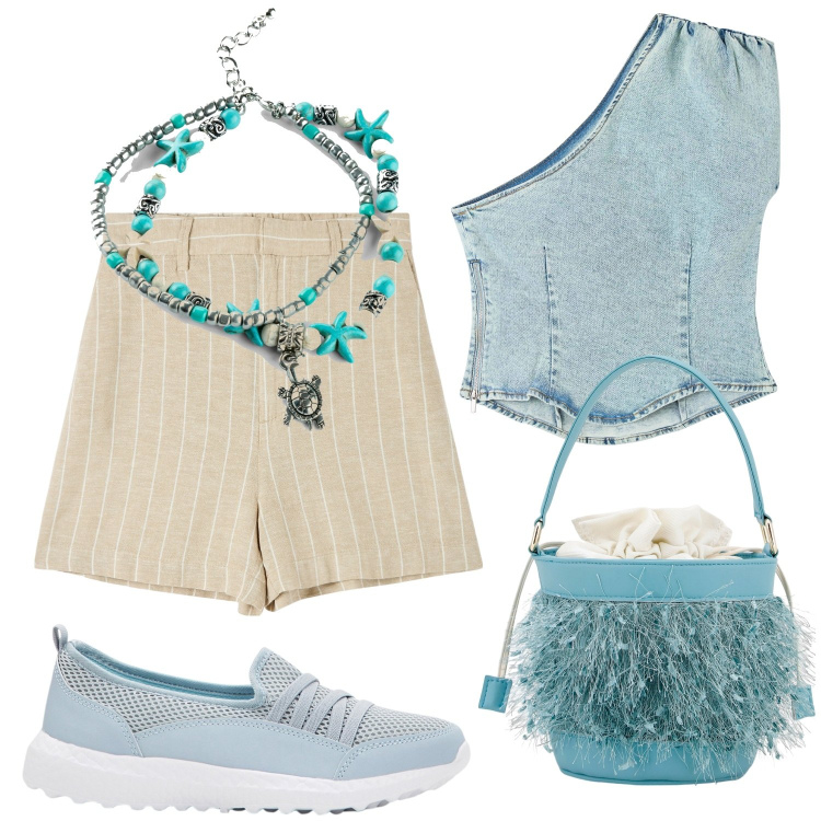 Outfit donna - Celestial combo. Stile Sporty chic per Tutti i giorni. Abbinamento con sneakers, collane, bermuda, top, borse a secchiello.