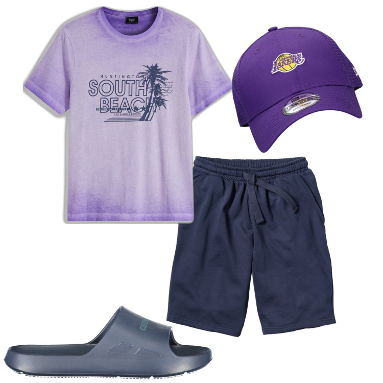 Outfit uomo - Viola e blu. Stile Casual per Mare. Abbinamento con bermuda, t-shirt, cappelli, sandali.