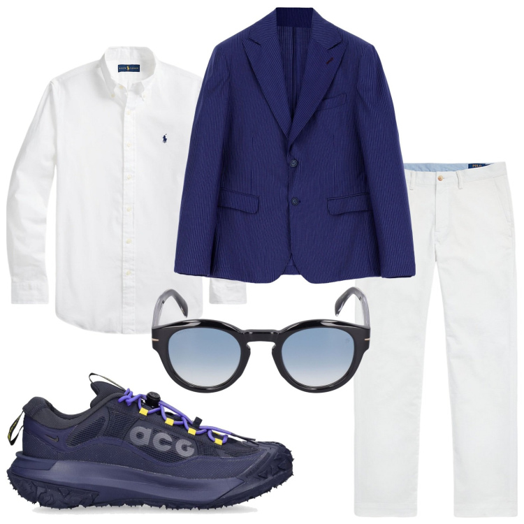 Outfit uomo - Giacca blu navy. Stile Casual per Tutti i giorni. Abbinamento con giacche, pantaloni, camicie, occhiali da sole, sneakers.