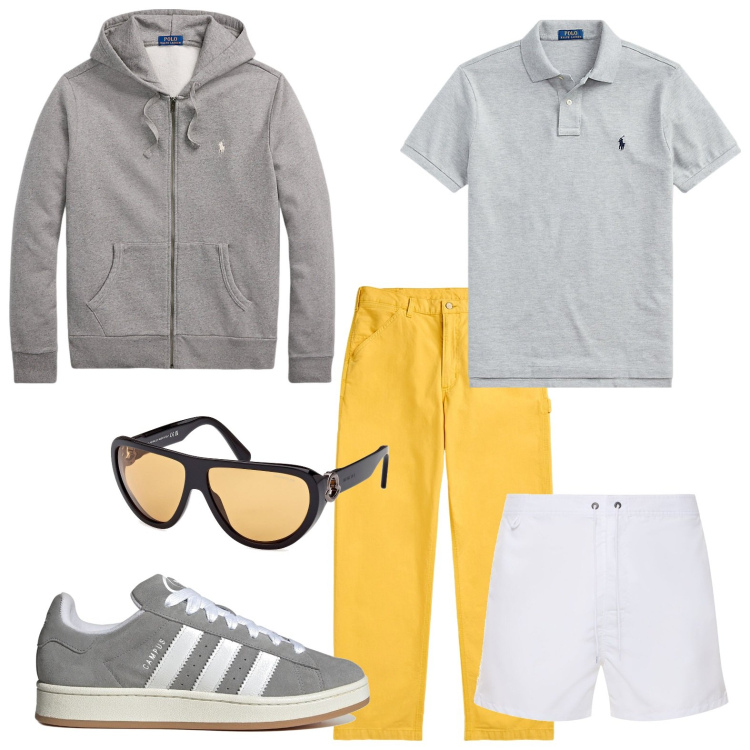 Outfit uomo - Giornata al mare. Stile Casual per Tutti i giorni. Abbinamento con polo, pantaloni, felpe con cappuccio, occhiali da sole, costumi, sneakers.