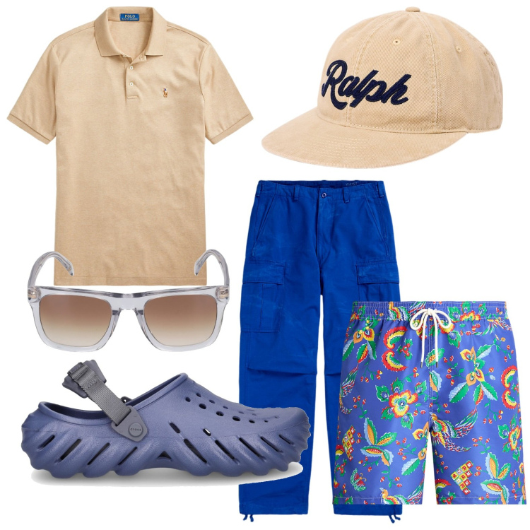 Outfit uomo - In piscina con gli amici. Stile Trendy per Sport. Abbinamento con polo, pantaloni cargo, costumi, cappelli, occhiali da sole, sandali.