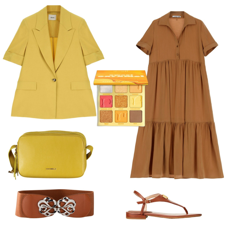 Outfit donna - Colori caldi. Stile Basic per Tutti i giorni. Abbinamento con cinture, ombretti, vestiti lunghi, blazer, sandali in pelle, borse a tracolla.