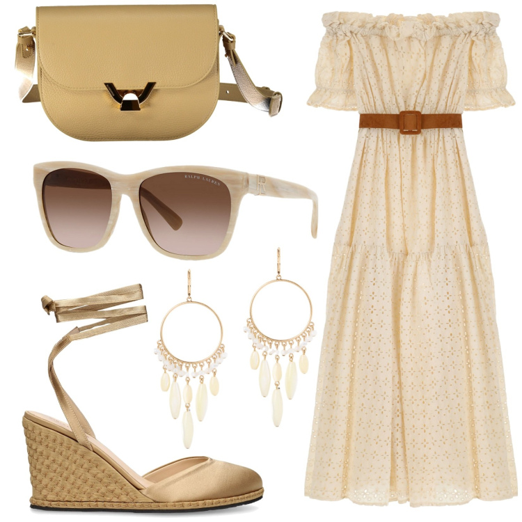 Outfit donna - Total look #1922413. Stile Boho per Serata fuori. Abbinamento con vestiti lunghi, occhiali da sole, orecchini, zeppe, borse a tracolla.