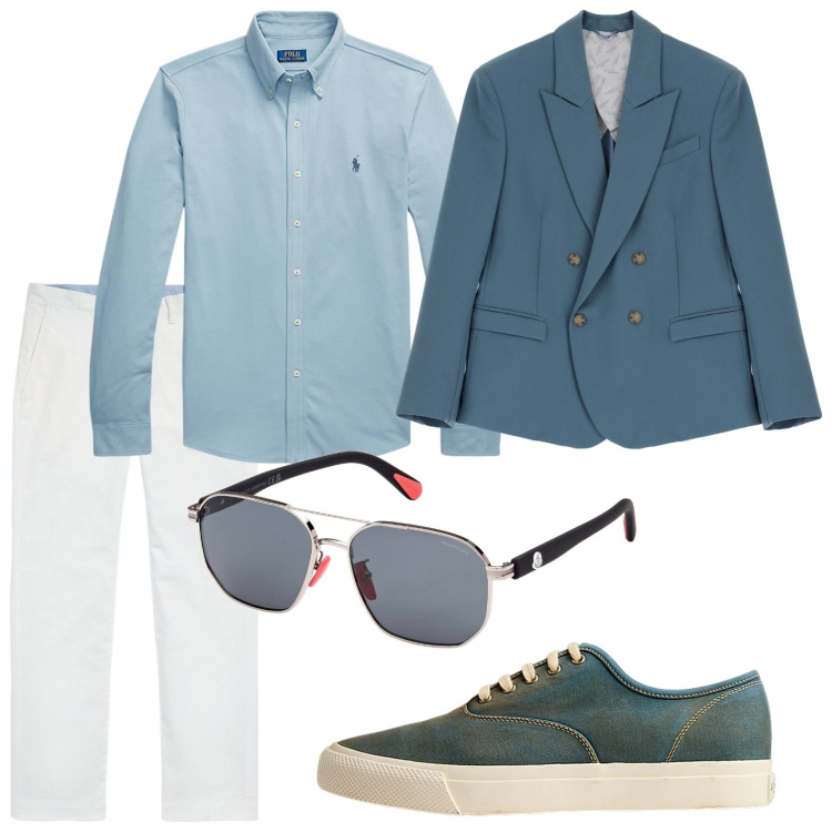 Outfit uomo - Elegante in ufficio. Stile Casual per Tutti i giorni. Abbinamento con giacche, pantaloni, camicie, sneakers, occhiali da sole.