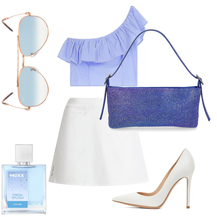 Outfit donna - Il top asimmetrico. per Tutti i giorni. look ideale per Petite. Abbinamento con profumi, canottiere, minigonne, borse a spalla, décolleté, occhiali da sole.
