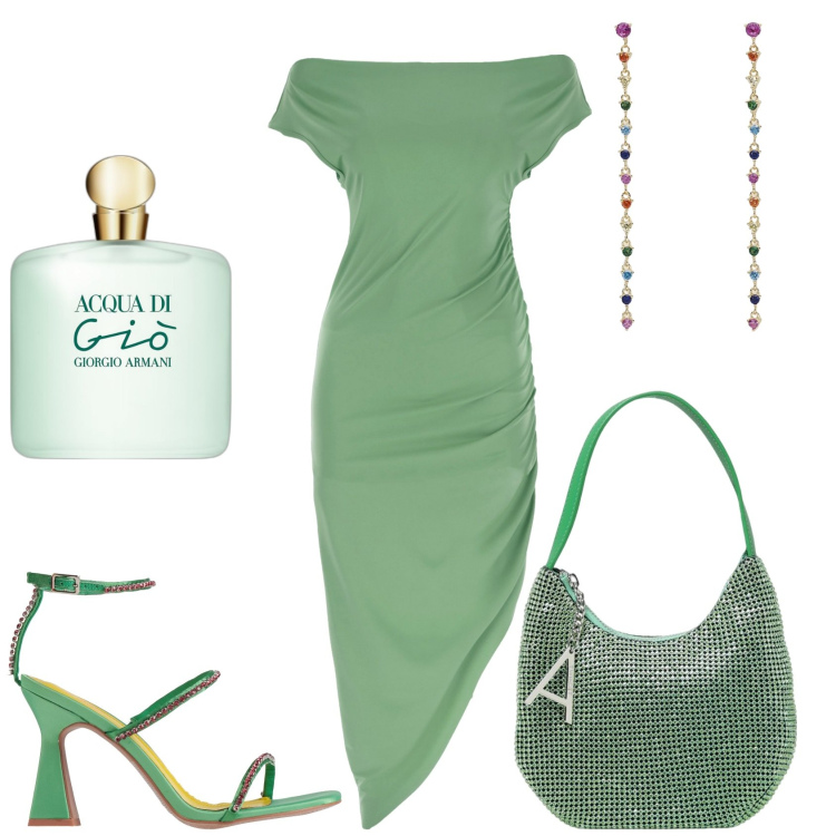 Outfit donna - La verde cerimonia. Stile Chic per Cerimonia. Abbinamento con sandali col tacco, profumi, orecchini, vestiti lunghi, borse a spalla.