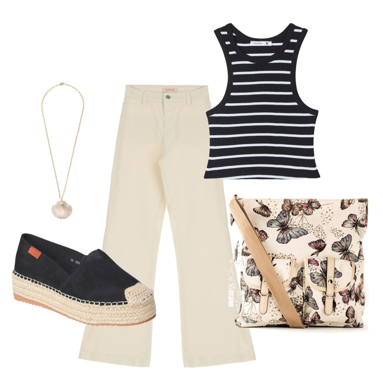 Outfit donna - Ghost outfitter - luglio. Stile Casual per Tutti i giorni. Abbinamento con borse a tracolla, canottiere, espadrillas, collane, pantaloni.