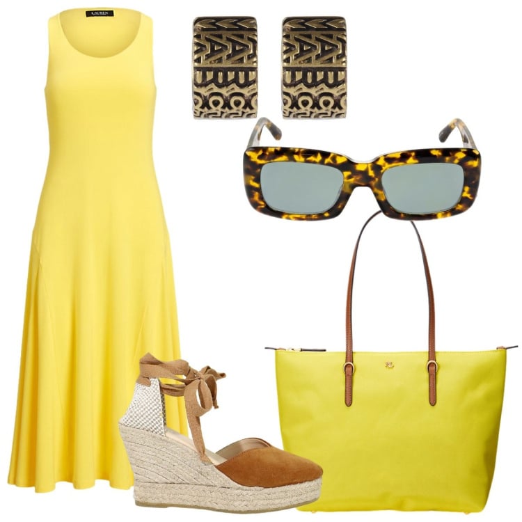 Outfit donna - Zeppe + abito. Stile Casual per Tutti i giorni. Abbinamento con borse tote, vestiti senza maniche, zeppe, occhiali da sole, orecchini.