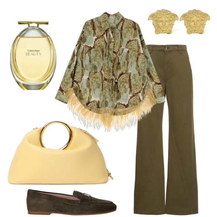 Outfit donna - La camicia chic. Stile Casual per Tutti i giorni. look ideale per Petite. Abbinamento con profumi, mocassini, camicie, pantaloni, borse a mano, orecchini.