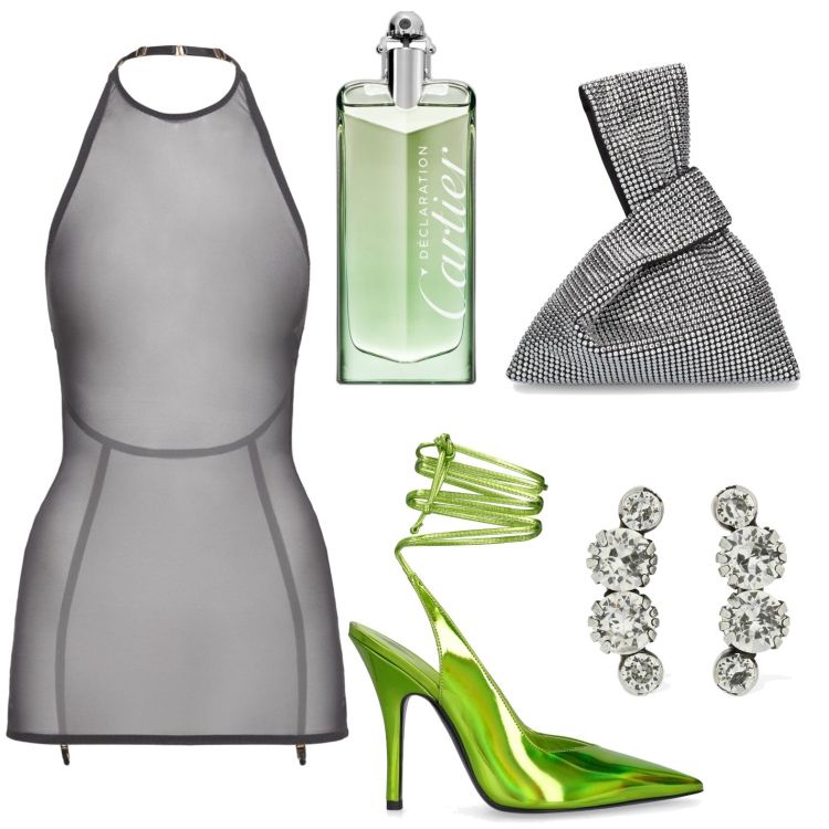 Outfit donna - Serata di classe. Stile Boho per Tutti i giorni. look ideale per Petite. Abbinamento con profumi, vestiti corti, orecchini, borse a mano, décolleté.