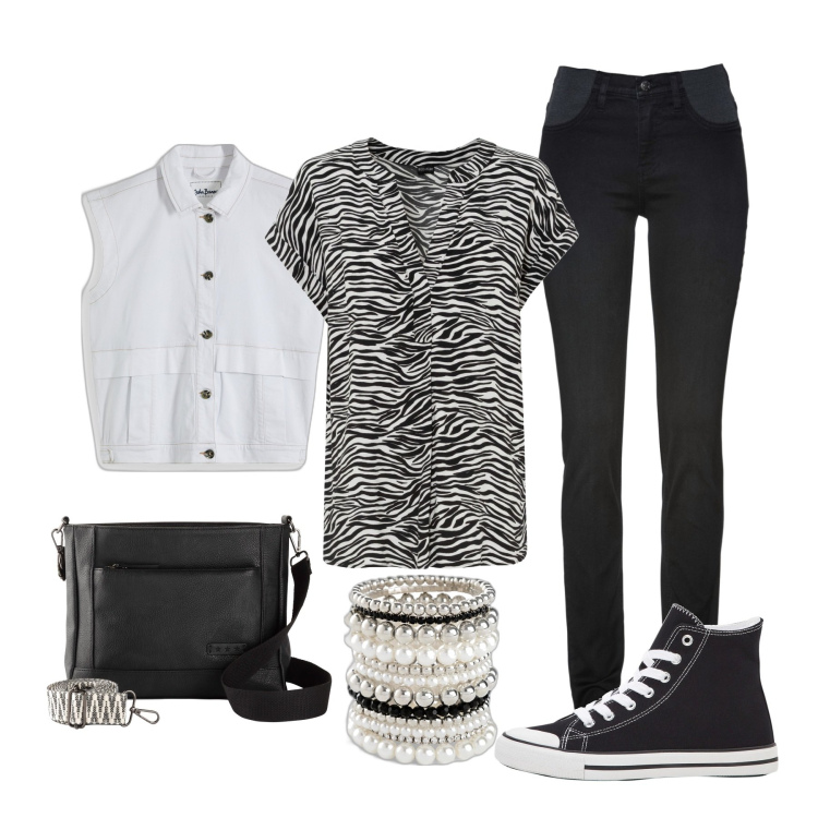 Outfit donna - Summer casual. Stile Casual per Tutti i giorni. Abbinamento con jeans skinny, sneakers alte, bluse, borse a tracolla, braccialetti, gilet.