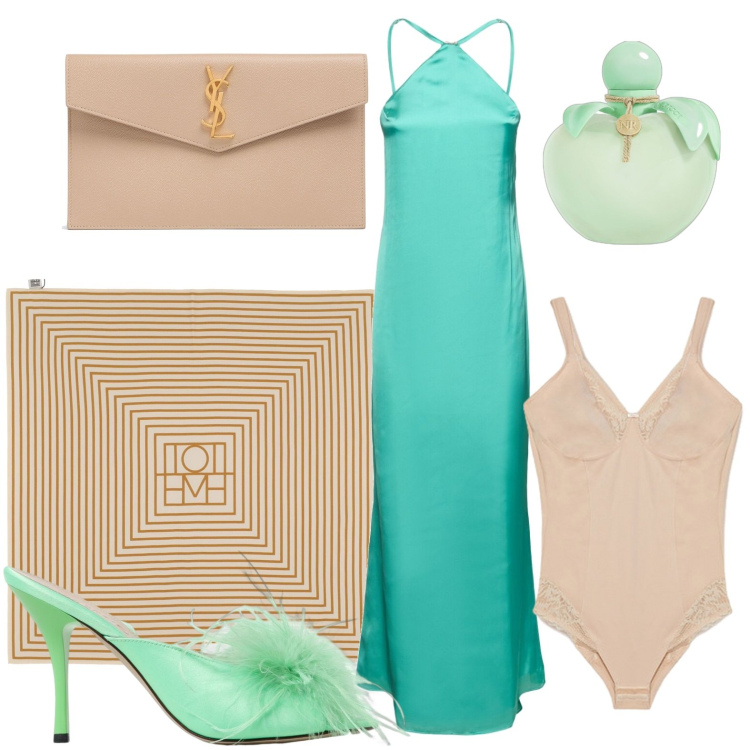 Outfit donna - Like a star. Stile Boho per Tutti i giorni. look ideale per Petite. Abbinamento con profumi, body, vestiti, pochette, foulard, sandali col tacco.