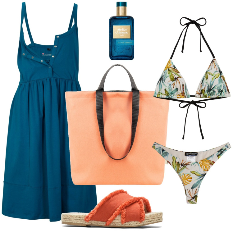 Outfit donna - Mare. Stile Bon Ton per Mare. look ideale per Petite. Abbinamento con vestiti, ciabatte, profumi, borse tote, bikini, bikini.